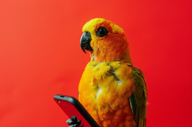 Photo neon red background highlights conjure with mobile phone fun and cheerful animal portrait with bright colors