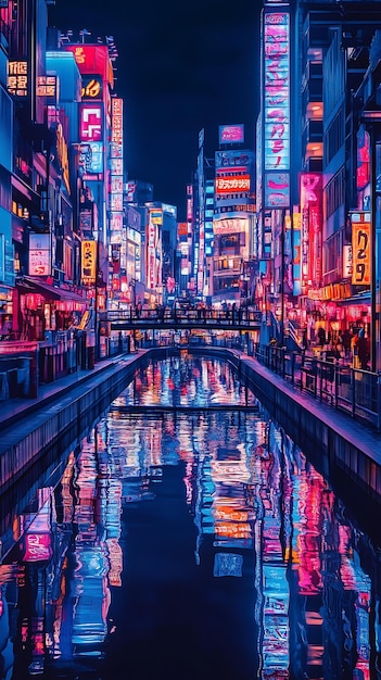 Photo neon reflections in a japanese canal at night