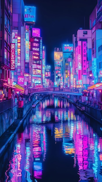 Photo neon reflections in a japanese canal