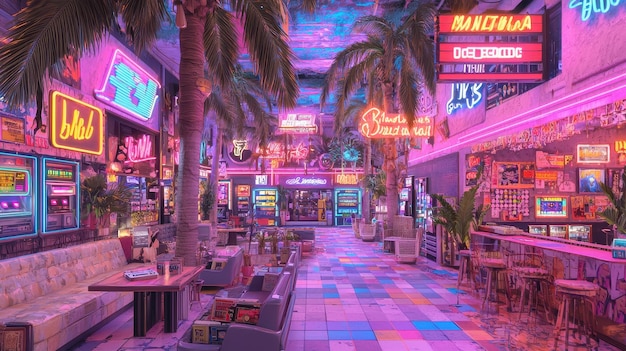 Photo neon retro alley with palm trees and colorful tiles