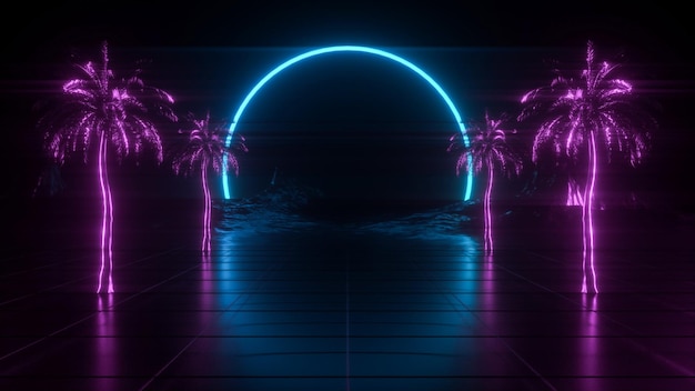 Neon retro background with a corridor between palm trees to a neon arch - 3D rendering