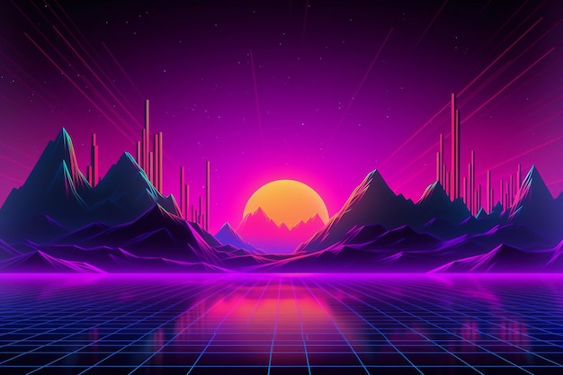 Neon retrowave or synthwave background with grid and sun generative ai