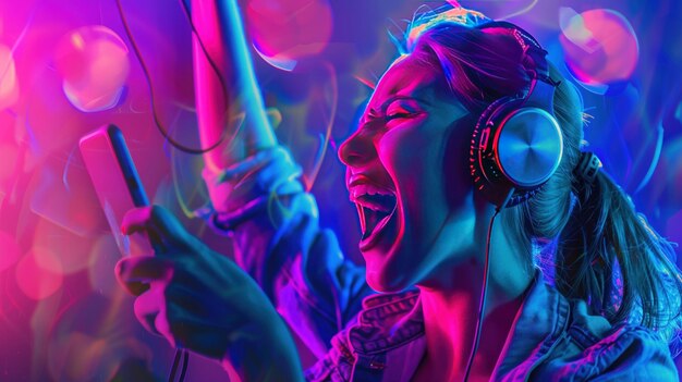 Neon Rhapsody A woman immersed in her music sings passionately into her phone surrounded by a kaleidoscope of vivid neon lights that reflect the intense energy of her personal performance