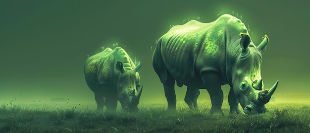 Photo neon rhinos grazing in a grassland