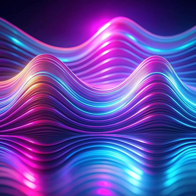 Neon ripple texture Defocused glow Iridescent wave Blur purple blue fluorescent color gradient light curve lines abstract background with free space