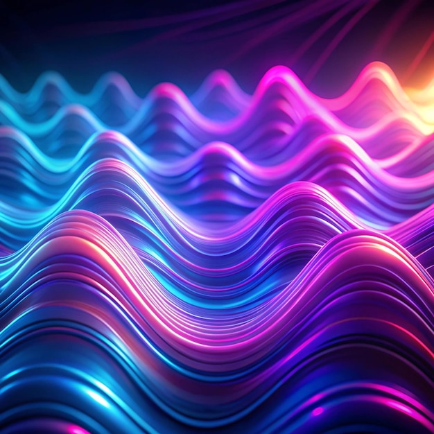 Neon ripple texture Defocused glow Iridescent wave Blur purple blue fluorescent color gradient light curve lines abstract background with free space