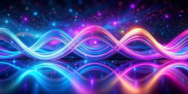 Neon ripple texture Defocused glow Iridescent wave Blur purple blue fluorescent color gradient light curve lines abstract background with free space