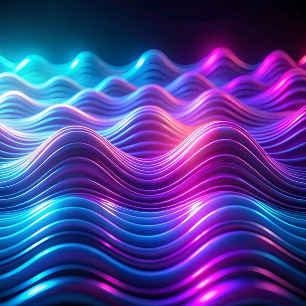 Neon ripple texture Defocused glow Iridescent wave Blur purple blue fluorescent color gradient light curve lines abstract background with free space