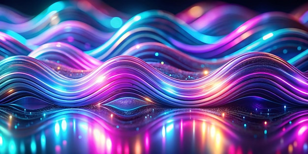 Neon ripple texture Defocused glow Iridescent wave Blur purple blue fluorescent color gradient light curve lines abstract background with free space