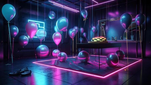 A neon room with balloons and a table with a sign that says'disco '