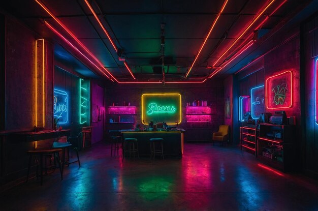 Neon Room with Multicolored Neon Lamps