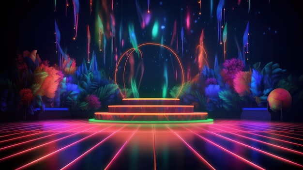 A neon scene with a podium in front of a forest.