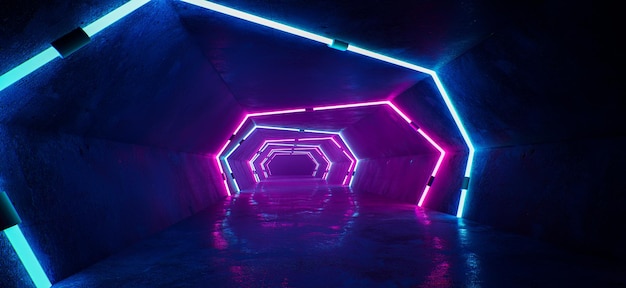 Neon Sci Fi Futuristic Alien Spaceship Modern Vibrant Purple Blue Glowing Laser Beams Hallway Corridor Retro Dark Empty Podium Club Party 3D Rendering