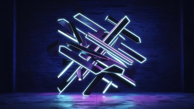 Neon shapes on a dark brick wall ultraviolet lighting brick wall concrete floor 3d illustration