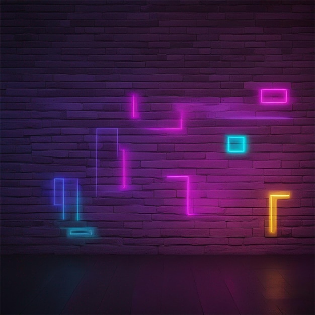 Neon shapes on a dark brick with ultraviolet lighting brick wall background