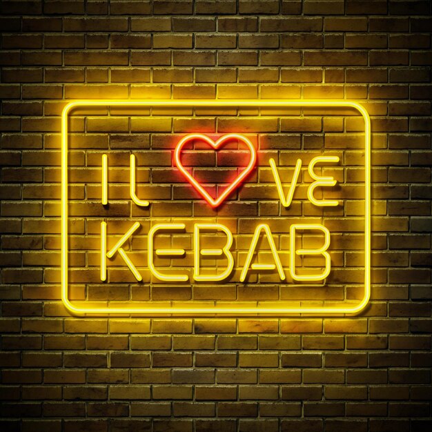 Photo neon shining sign in yellow warm color on a brick wall with the inscription or slogan i love kebab brick wall background bright electric neon light caferestaurant doner kebab