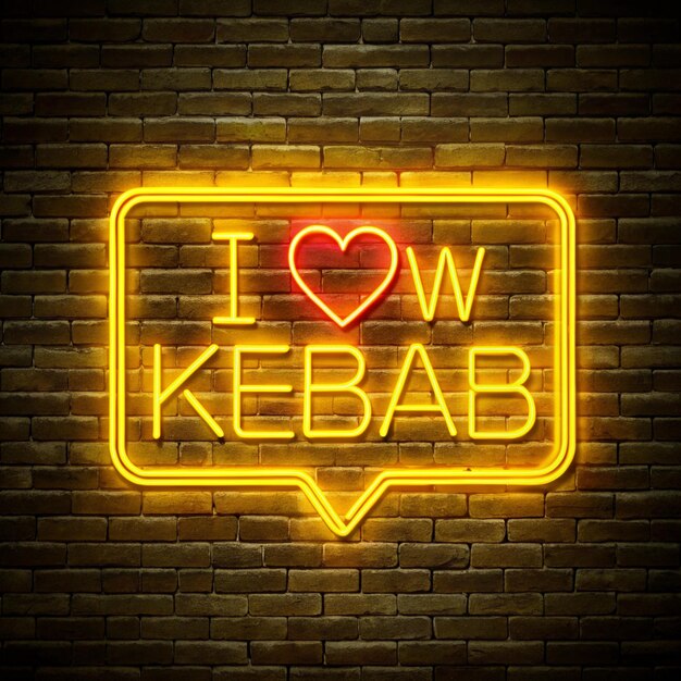 Photo neon shining sign in yellow warm color on a brick wall with the inscription or slogan i love kebab brick wall background bright electric neon light caferestaurant doner kebab