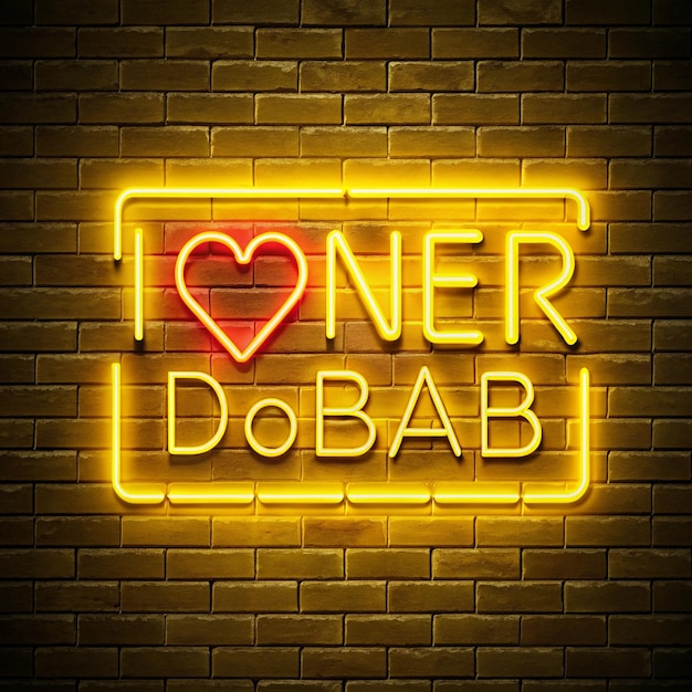 Photo neon shining sign in yellow warm color on a brick wall with the inscription or slogan i love kebab brick wall background bright electric neon light caferestaurant doner kebab