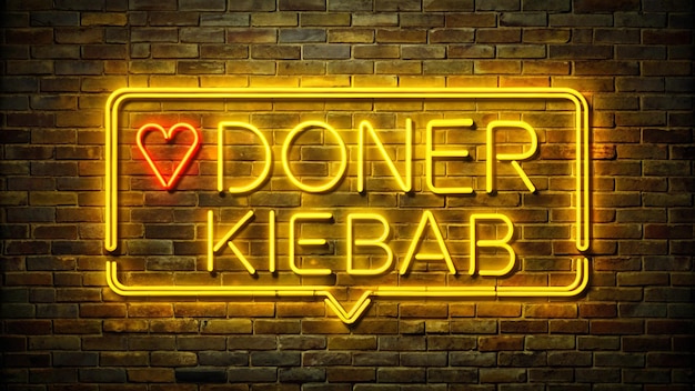 Photo neon shining sign in yellow warm color on a brick wall with the inscription or slogan i love kebab brick wall background bright electric neon light caferestaurant doner kebab