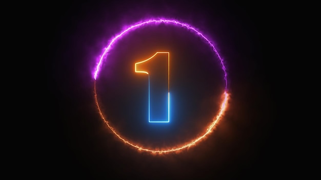 Neon shiny number one with text in neon fire circle round