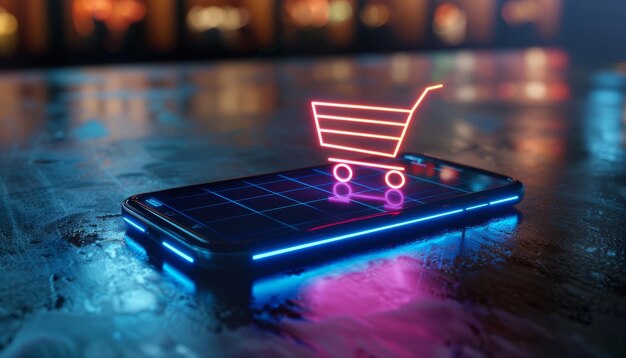 Photo neon shopping cart in digital shopping interface on a mobile device illuminated in futuristic cybernetic glow