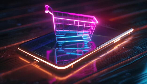 Photo neon shopping cart in digital shopping interface on a mobile device illuminated in futuristic cybernetic glow