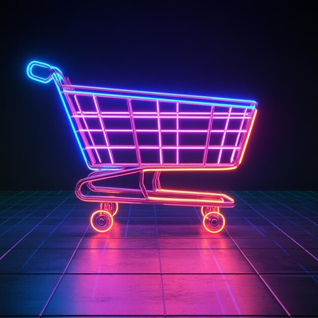 Photo neon shopping cart on illuminated floor