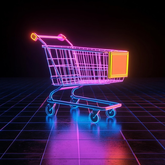 Neon Shopping Cart on Illuminated Floor