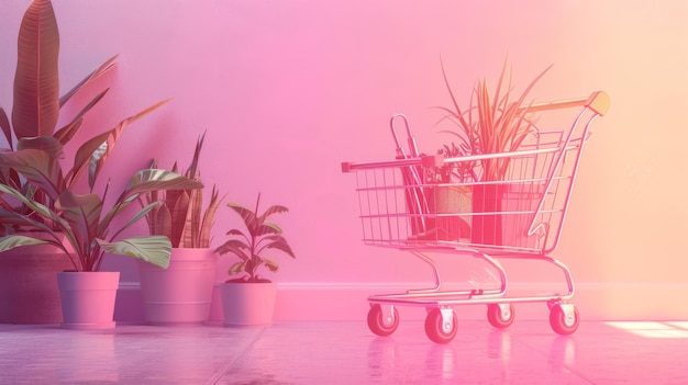 Neon shopping cart with gardening tools on neon background