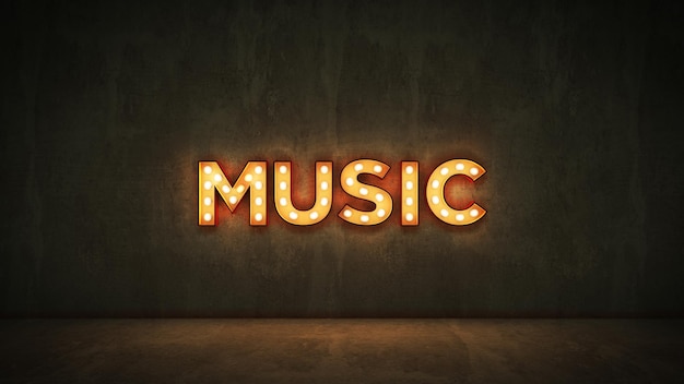 Neon Sign on Brick Wall background - Music. 3d rendering