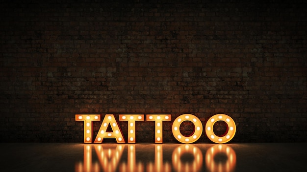 Neon Sign on Brick Wall background - Tattoo. 3d rendering