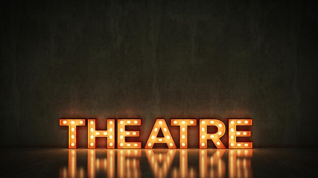 Neon Sign on Brick Wall background - Theatre. 3d rendering