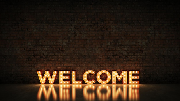 Neon Sign on Brick Wall background - Welcome. 3d rendering