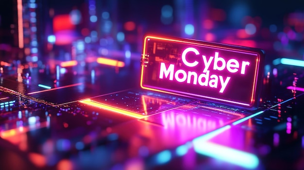 Photo neon sign on futuristic city backdrop for cyber monday