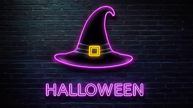 a neon sign for halloween is lit up on a brick wall