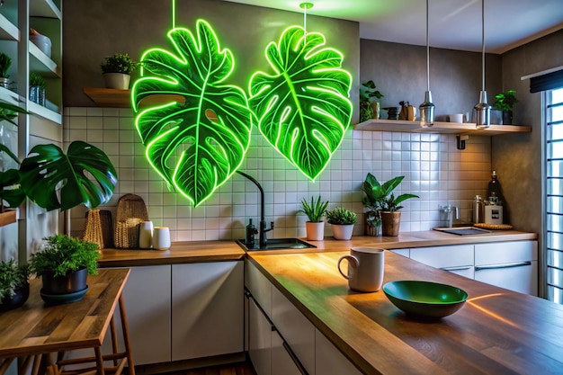 Photo neon sign monstera in the decor of the kitchen trendy style neon sign custom neon home decor