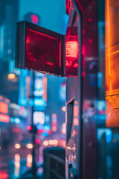 Photo neon sign in rainy urban street at night with colorful bokeh lights