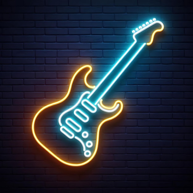 A neon sign shaped like an electric guitar mounted on a dark blue brick wall