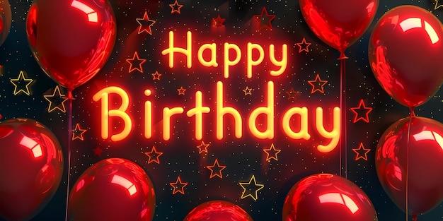 a neon sign that says happy birthday is lit up with red balls