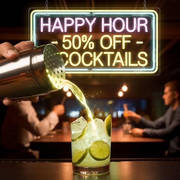 Photo a neon sign that says happy hour on it