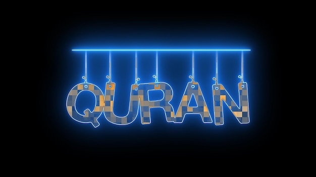 Neon sign with word QURAN illuminated in blue on a dark background