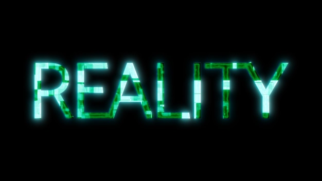 Neon sign with the word REALITY glowing in green on a black background