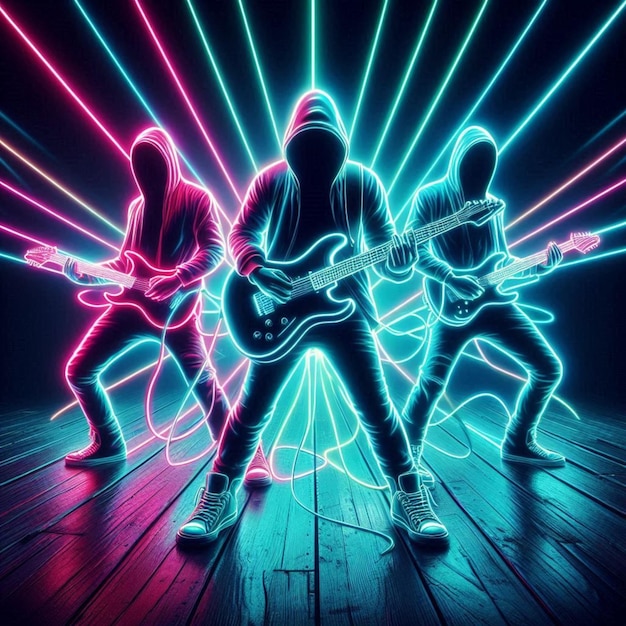 Neon Silhouettes of Rock Band Playing Electric Guitars