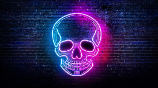 Neon skull on dark brick wall