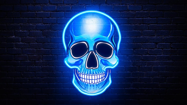 Photo neon skull on dark brick wall