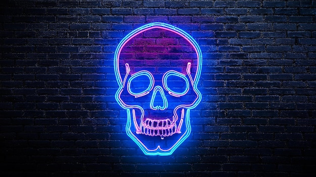 Photo neon skull on dark brick wall