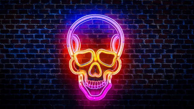 Photo neon skull on dark brick wall