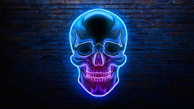 Photo neon skull on dark brick wall