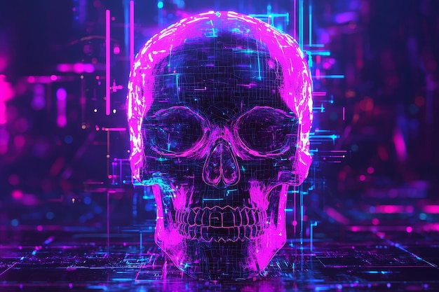 Photo neon skull in digital world