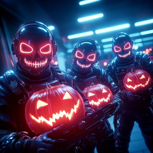 Photo neon skull masks and pumpkins halloween costume concept